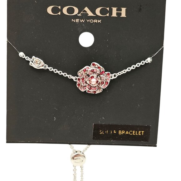 Coach Silver Rose Slider Bracelet‎ With Pink Crystal & Pearl Embellishments NWT - Picture 2 of 8